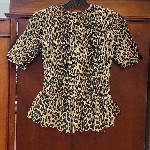 GANNI | Leopard Print Smocked Short Sleeve Peplum Hem top Cotton & Silk - XS - Picture 6 of 12
